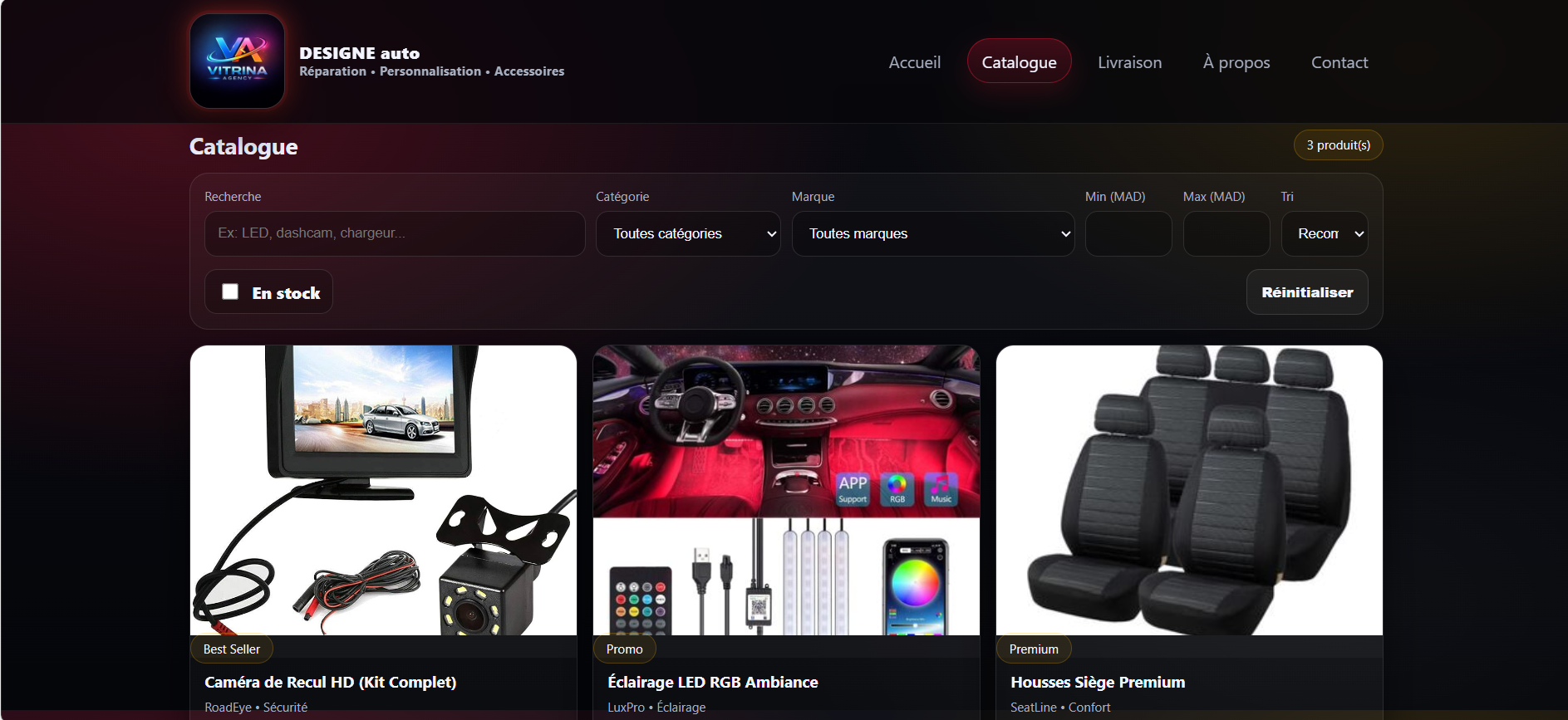 Aperçu E-boutique — Catalogue & panier